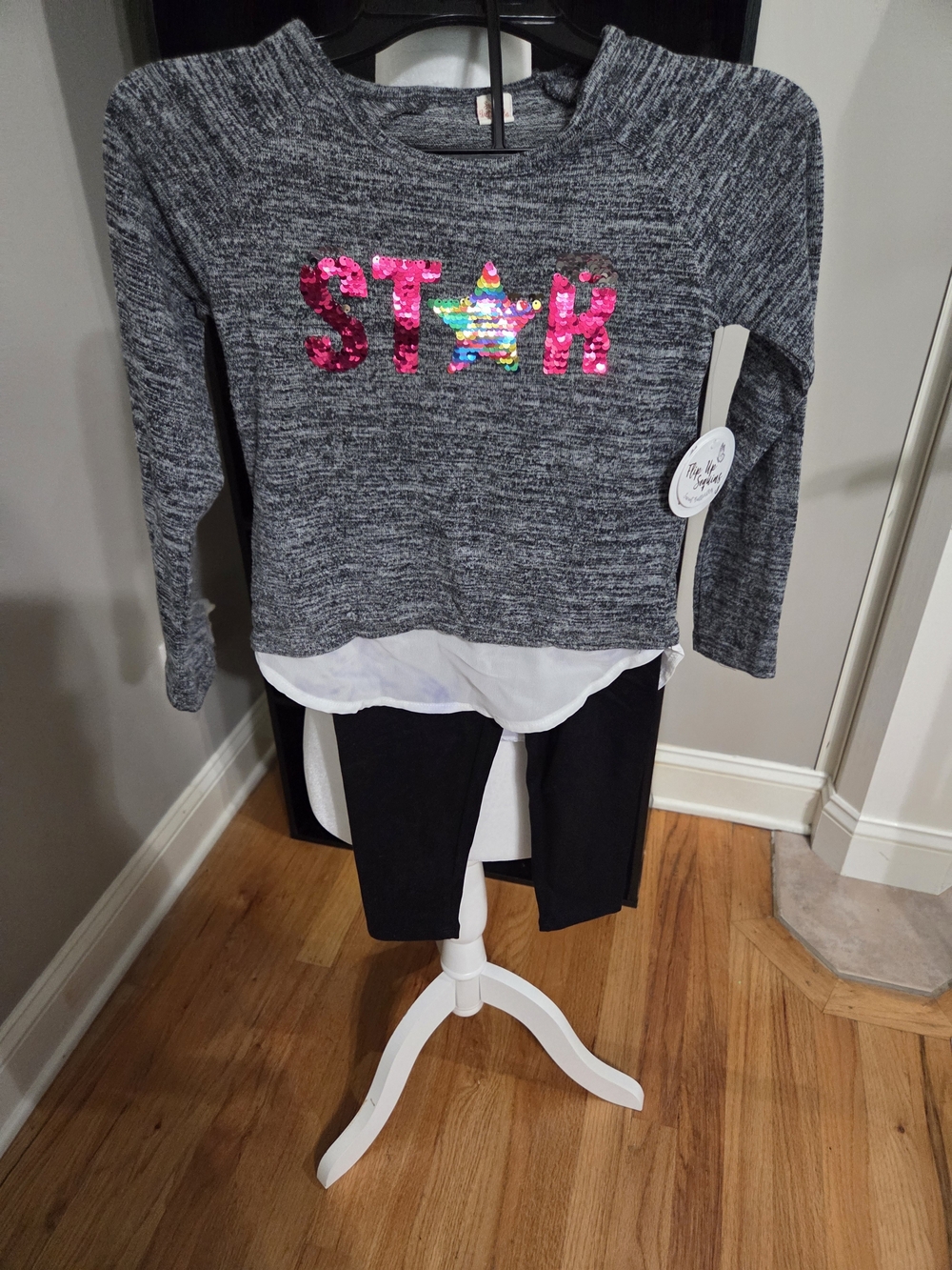Butter Gray Knit Top with Pink Sequin STAR and Black Leggings Set